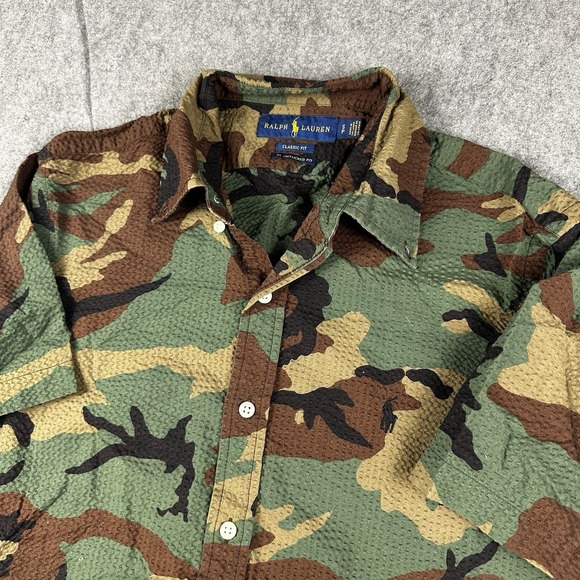 Ralph Lauren Camo Seersucker Button Shirt Men Small Short Sleeve RL Untucked Fit - Picture 1 of 9